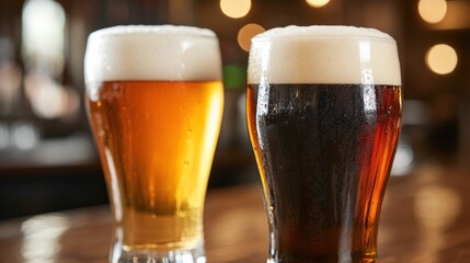 Brewery Delight: A close-up shot of two refreshing beers, a golden ale and a dark stout, each crowned with a creamy, frothy head.