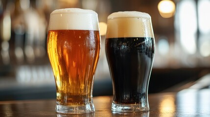 Frothy Beverages: Two stylish glasses filled with light and dark beers, topped with frothy foam, offering a refreshing aesthetic to the observer
