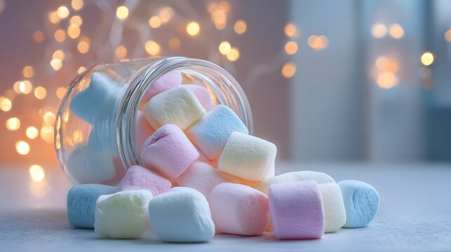 A glass jar overflowing with colorful marshmallows, creating a sweet and inviting scene against a backdrop of soft, warm light.