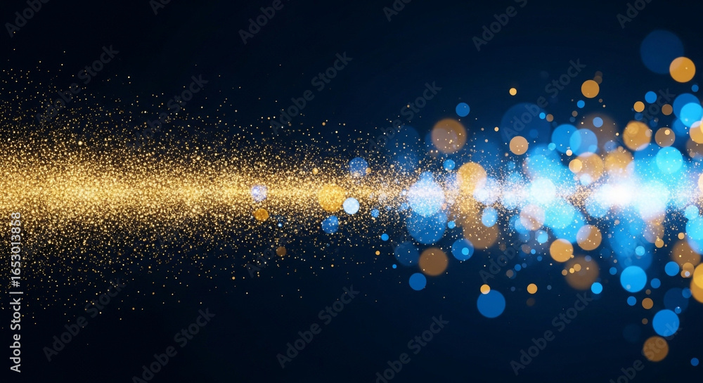 Poster abstract stream of golden particles exploding into blue and orange bokeh lights, representing energy