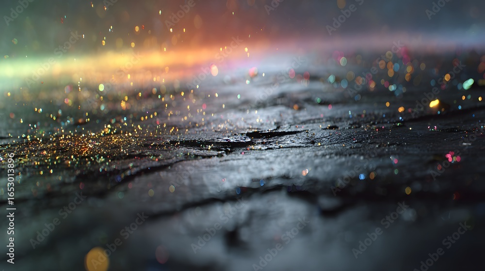 Poster Sparkling particles scatter across a textured dark surface, creating a vibrant and dynamic visual effect.