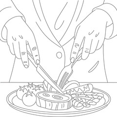 Elegant Dining Line Art &ndash; Person Cutting Food with Knife and Fork