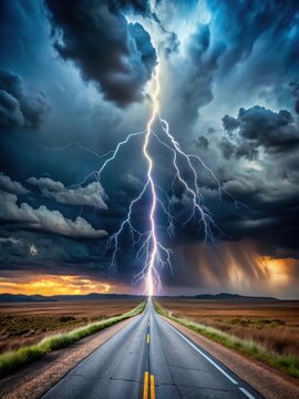 Dramatic lightning strike over deserted road amidst stormy skies