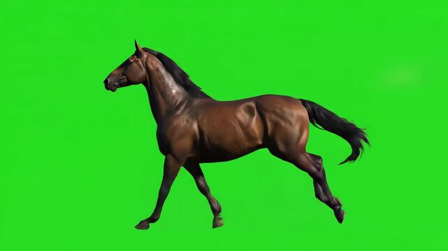 Elegant brown horse gallops dynamically against a green screen backdrop, showcasing natural movement and power ideal for compositing and visual