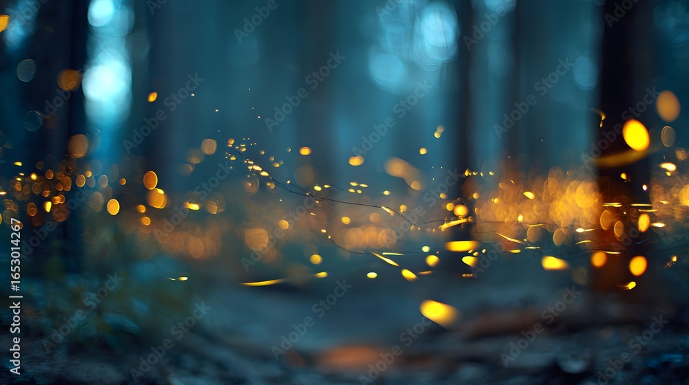 Poster a mystical forest scene at twilight, filled with twinkling lights and soft bokeh, showcasing a magic