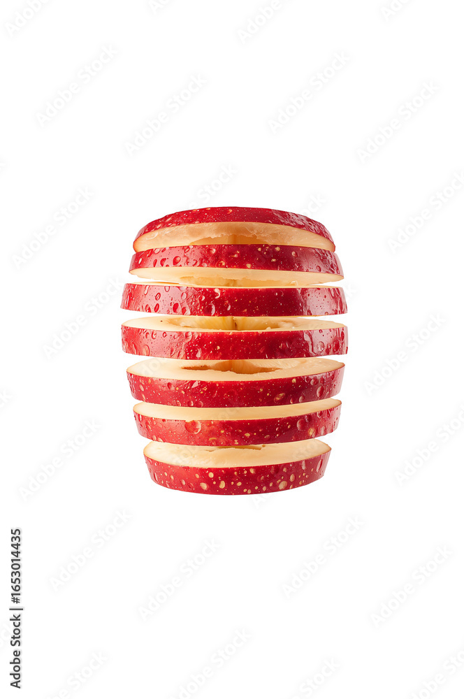 Poster floating sliced apple rings arranged in a tower on a seamlessly transparent setting presenting
