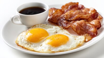 Hearty Breakfast: A plate overflows with the deliciousness of two perfectly fried eggs, strips of crispy bacon, and a steaming cup of coffee, promising a delightful start to the day.