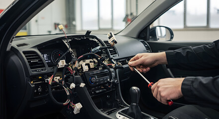 Car interior repair dashboard disassembly automotive technician electronic components vehicle