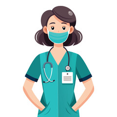 Fototapeta premium Illustration of a Confident Female Doctor or Nurse Wearing a Mask and Stethoscope with Hands on Hips