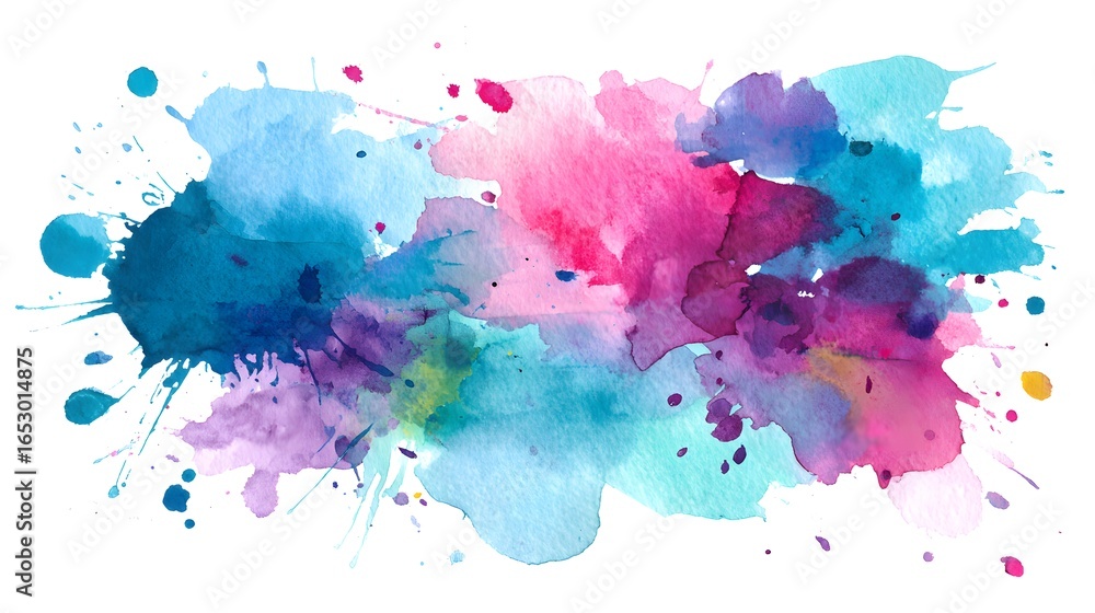 Poster vibrant watercolor splatter design features a dynamic array of bright, bold colors and artistic spla