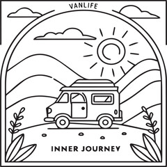 Outline Art of Camper Van in Mountains with Sun