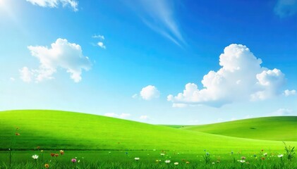 Obraz premium Serene landscape featuring a lush green meadow dotted with wildflowers, under a vibrant blue sky, perfect for nature-themed projects , sunlight, sunlight, country