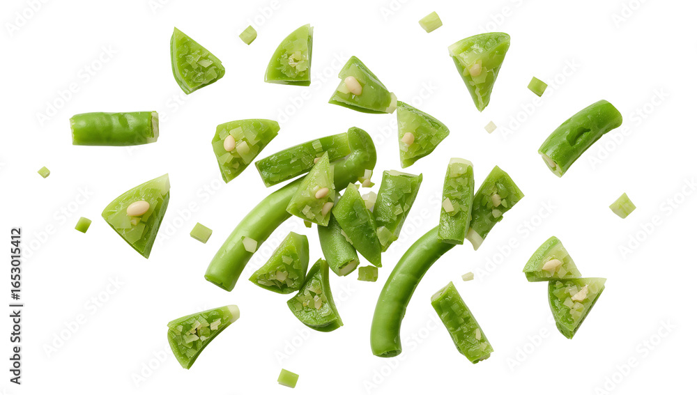 Poster vibrant green beans slices floating on a transparent canvas creates an alluring visual