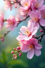 Fototapeta premium Pastel Spring Blossoms Delicate Petals Unfurling in Lush Green Foliage, Symbolizing Renewal and Fresh Beginnings