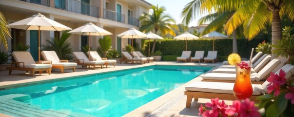 Obraz premium Sun-drenched hotel poolside, inviting lounge chairs, vibrant summer blooms, and refreshing cocktails Perfect for relaxation and summer getaways , green, pool
