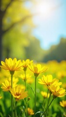 Obraz premium A bright and sunny day, captured in a vibrant image filled with cheerful yellow flowers, radiating joy and happiness Perfect for themes of optimism, positivity, and springtime , joy, beauty