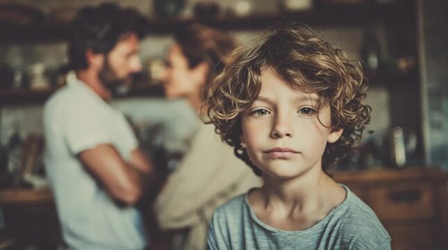 Silent Witness: A child looks with a somber gaze at a backdrop of an unspoken tension between figures in what appears to be a living space. It whispers a narrative of silence and hidden pain.  - Powered by Adobe