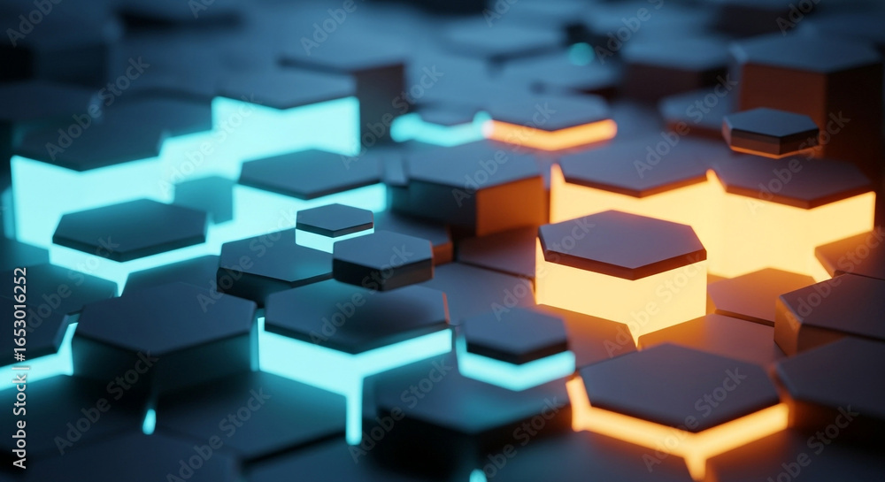 Poster abstract futuristic hexagonal pattern with glowing blue and orange lights
