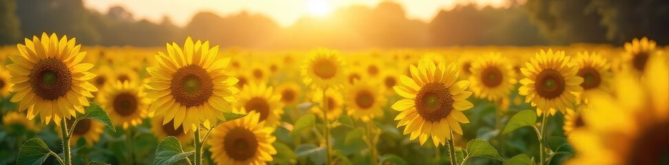 Obraz premium A vibrant field of sunflowers in full bloom, creating a stunning natural park scene Golden petals reach towards the sun in a breathtaking display of summer beauty , agriculture, bright