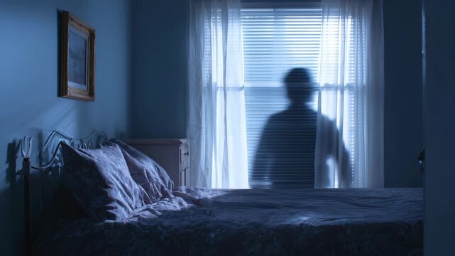Eerie figure by window, dark bedroom with metal bed. Dreamlike, ghostly presence with a mysterious ambiance creating a spooky unsettling scene.