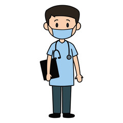Cartoon Doctor or nurse with Mask Holding Clipboard and Raising a Fist in Encouragement