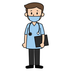 Cartoon Doctor or nurse with Mask Holding Clipboard and Raising a Fist in Encouragement