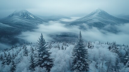 Obraz premium Snow-covered Adirondacks mountain range, overhead view with two pine trees on edge, overcast foggy sky, serene mystery, faint human figure between branches, misty ambiance