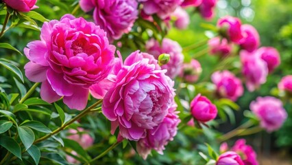 Vibrant pink peony climbing rose bush close-up in botanical garden