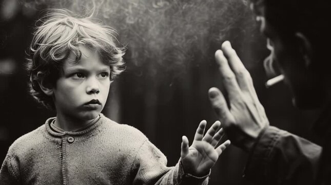 Smoke Signals: A poignant black-and-white photograph captures a young boy's plea against a man's cigarette, highlighting the dangers of smoking. A touching and thought-provoking visual message.