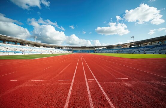 Red running track in large outdoor stadium with blue sky, white clouds. Stadium seats visible around green field. Bright sunny day for athletic competition, training, exercise. - Powered by Adobe