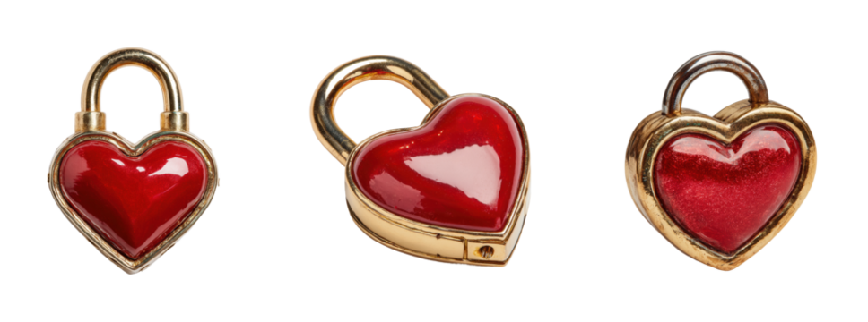 Heart-shaped padlocks symbolizing love romantic decorative items, isolated on transparent background, png set