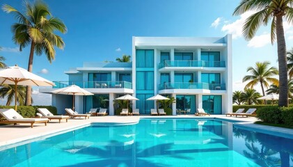 Fototapeta premium A luxurious hotel with a vibrant blue exterior, situated against a clear sky Enjoy the stunning architecture and serene atmosphere Perfect for travel and vacation imagery , clear, sky