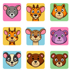 Cartoon animal faces, various species, colorful squares.