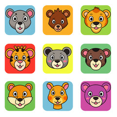 Nine adorable cartoon animal faces, colorful squares, happy expressions, diverse species.
