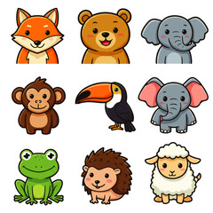 A collection of nine cartoon animal faces, including a fox, bear, elephant, monkey, toucan, frog, hedgehog, and sheep, all with cute and friendly expressions.