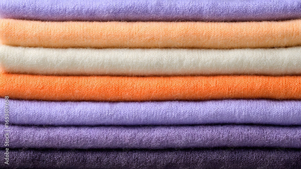 Poster a close-up view of a neatly stacked collection of soft, colorful fabrics, featuring a gradient of pa