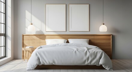 Frame mockup, ISO A paper size. Bedroom wall poster mockup set. Interior mockup with two vertical frames above headboard. Japandi home design. 3D render