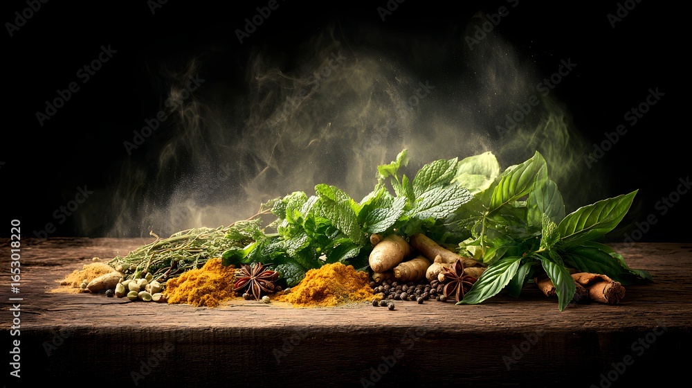 Poster a rich array of fresh herbs and spices sits on a rustic wooden surface, illuminated by warm light an