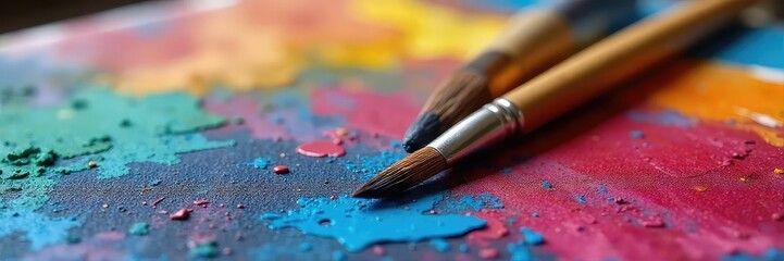 Fototapeta premium Close-up of a paintbrush resting on a vibrant, colorful artist's palette, surrounded by tubes of paint and a textured canvas , artistic, brush, fine art