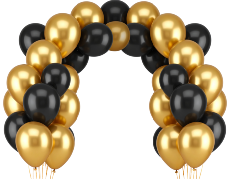 Golden and Black Helium Balloons in Arch Formation, Party Decoration, Transparent Background