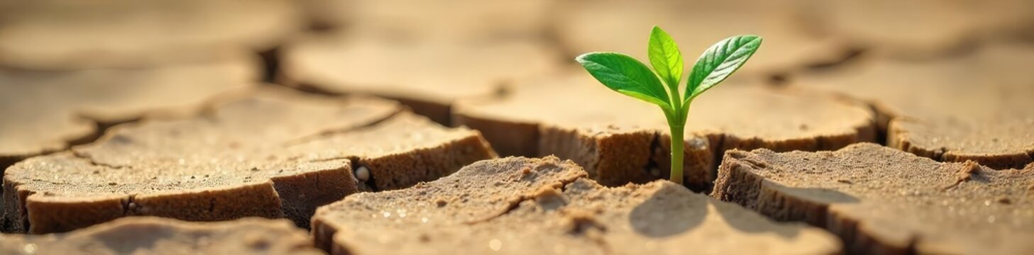 Close-up of a parched, cracked earth, a single sprout pushing through, symbolizing the tenacious emergence of life from barrenness, the struggle for survival , barren, plant, organic