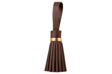 Brown leather tassel with golden ring on transparent background