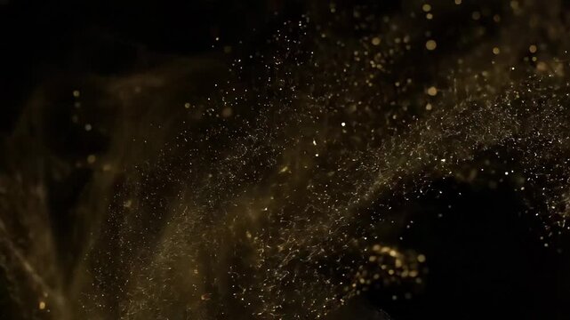 Flowing golden particles create a mesmerizing visual effect, transitioning from a dynamic spray to a shimmering cloud, showcasing the beauty of motion and light in a captivating sequence