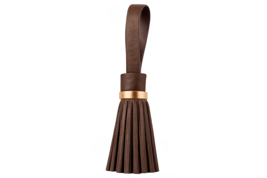 Brown leather tassel with golden ring on transparent background