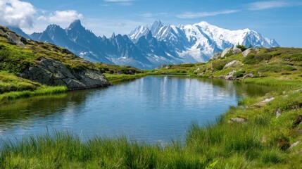 Fototapeta premium Tranquil Alpine Scene: A stunning alpine lake reflects the majestic snow-capped mountain peaks under a clear blue sky, offering a serene panorama of natural beauty.