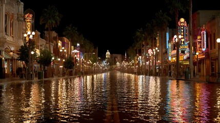 Fototapeta premium A flooded street at night, reflecting vibrant neon signs, showcases charming buildings and vibrant lights.
