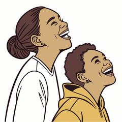 A mother and son share a moment of joy, looking upward with smiles, embodying love, hope, and the promise of a bright future isolated on white background