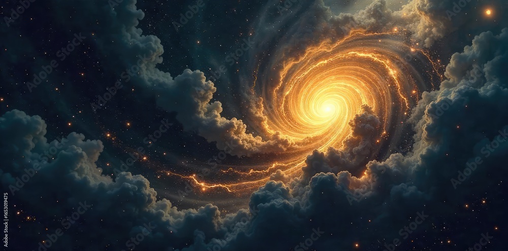 Wall mural cosmic swirl of inky black and gold abstract texture representing divine mystery