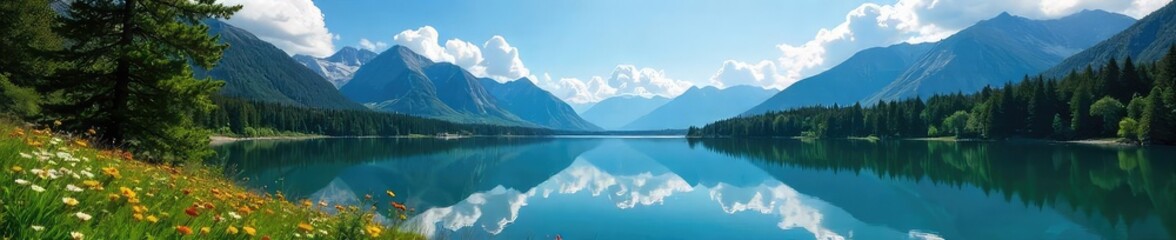 Fototapeta premium Serene mountain lake reflecting a clear blue sky, surrounded by lush green trees and wildflowers Perfect for travel, nature, and serenity themes , wilderness, untouched nature, mountain lake
