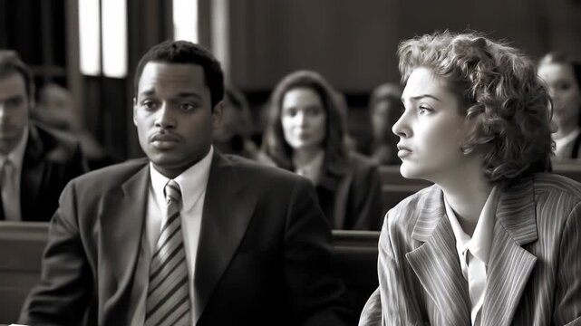 A tense courtroom scene capturing intense emotions and serious expressions.